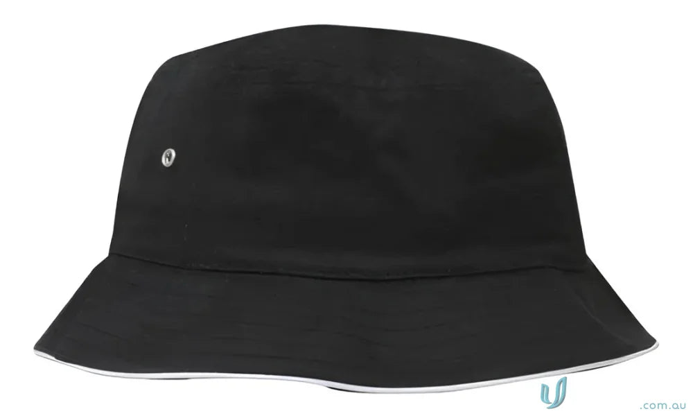 Black sports twill bucket hat with white trim, perfect twill bucket hat for casual wear