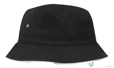 Black sports twill bucket hat with white trim, perfect twill bucket hat for casual wear