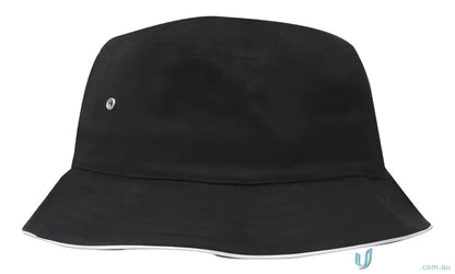 Black sports twill bucket hat with white trim, perfect twill bucket hat for casual wear
