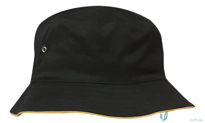 Black sports twill bucket hat with yellow trim for stylish sun protection