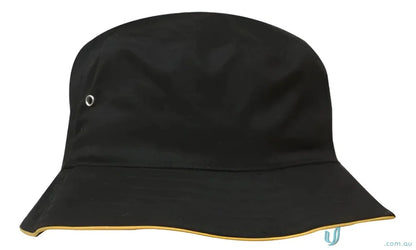 Black sports twill bucket hat with yellow trim for stylish sun protection
