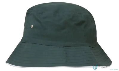 Green sports twill bucket hat with white trim perfect for outdoor fun
