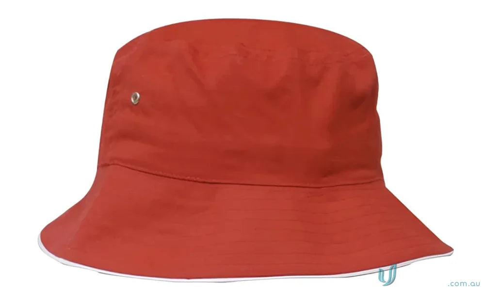 Red sports twill bucket hat with white trim for a casual look