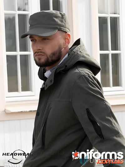 Olive green military-style cap and hooded jacket perfect for workwear or uniforms