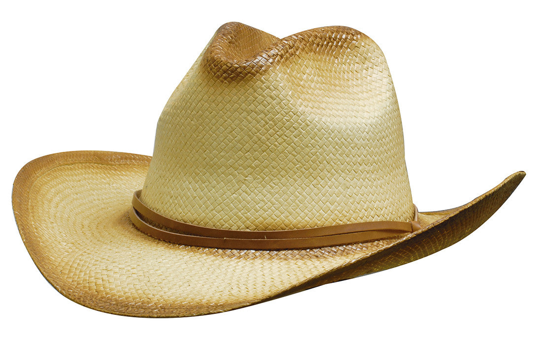 Light tan woven straw cowboy hat with brown leather band, Sprayed Cowboy Straw stock