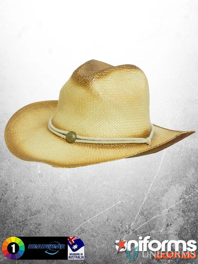 Sprayed Cowboy Straw hat with braided band, metal button, and imprint detail in stock
