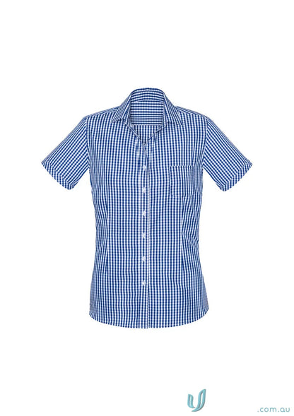 Blue and white checkered springfield ladies yarn-dyed check short sleeve shirt for women