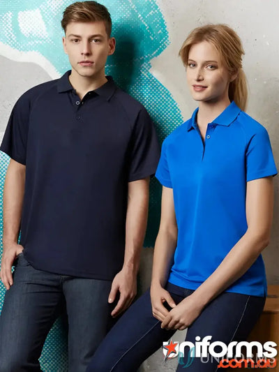 Two people in stylish Polo shirts from the Sprint Polo collection, perfect for p300ms mens and biz cool looks