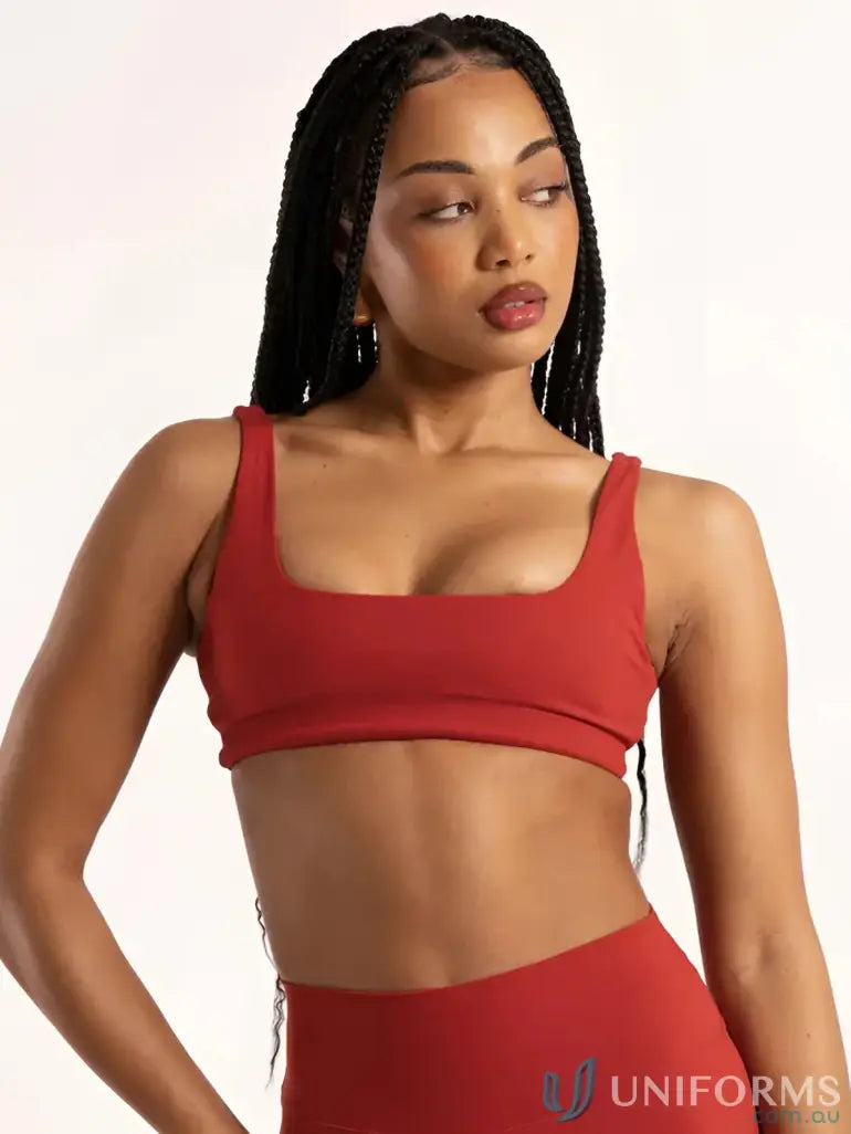 Red athletic bra top with square neck design from Square Neck Cherry Crop for sporty uniforms