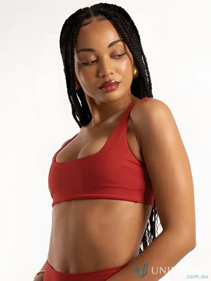 Red scoop-neck bikini top with square neckline for stylish swimsuits or uniforms