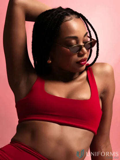 Woman in red swimwear with square neck and sunglasses wearing Square Neck Cherry Crop