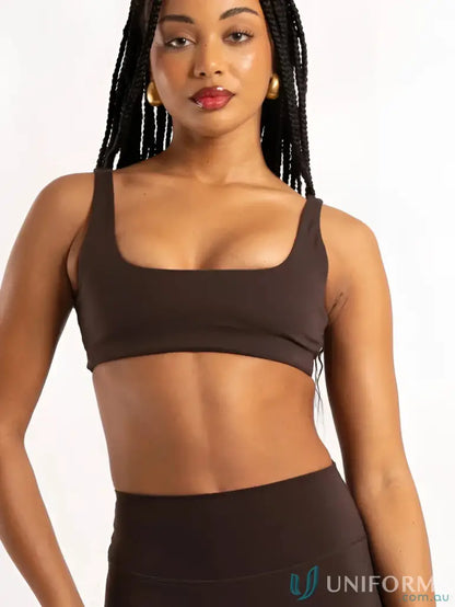 Brown square neck sports bra from Square Neck Chocolate Crop, perfect for active uniforms