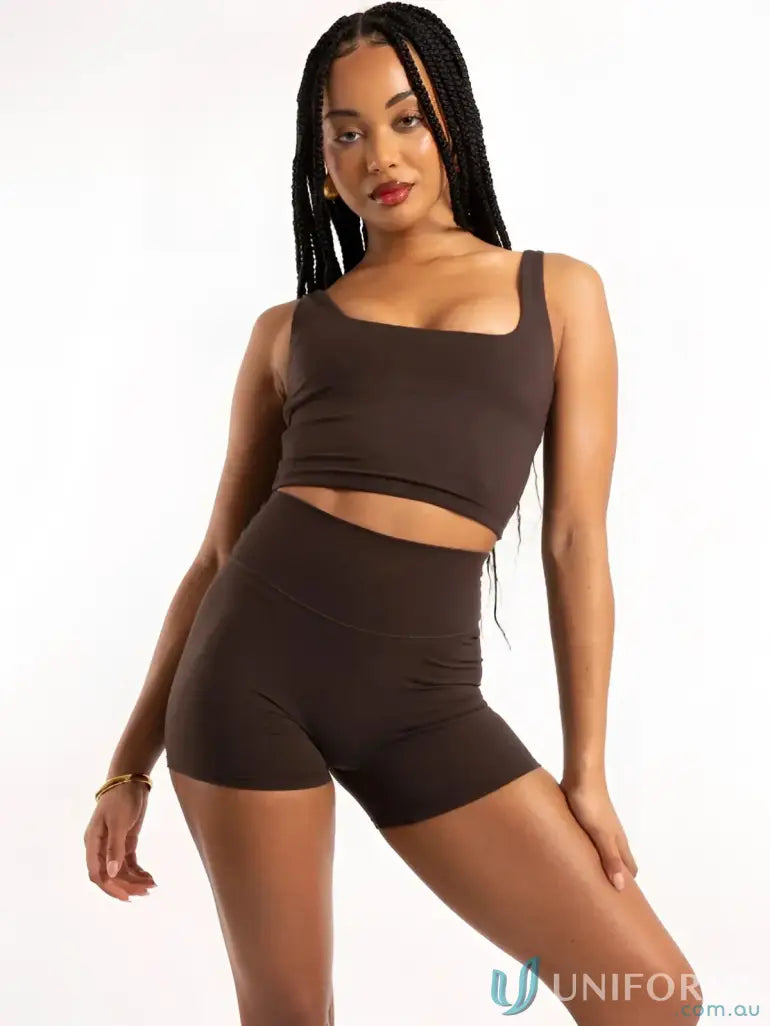 Brown athletic crop top and shorts set with square neck tank and shelf bra for activewear