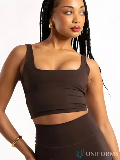 Brown square neck tank top with shelf bra and stylish square neckline for a cute look