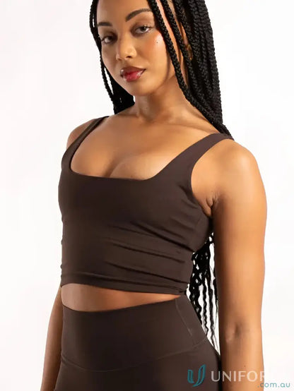 Square neck tank top with shelf bra in chocolate brown featuring a stylish square neckline