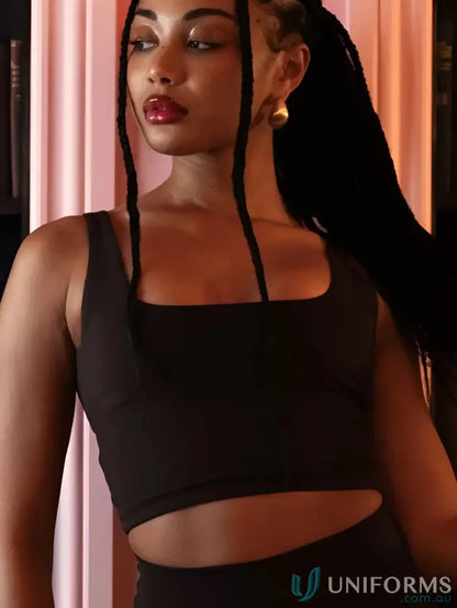 Dark square neck tank top with shelf bra and eye-catching square neckline