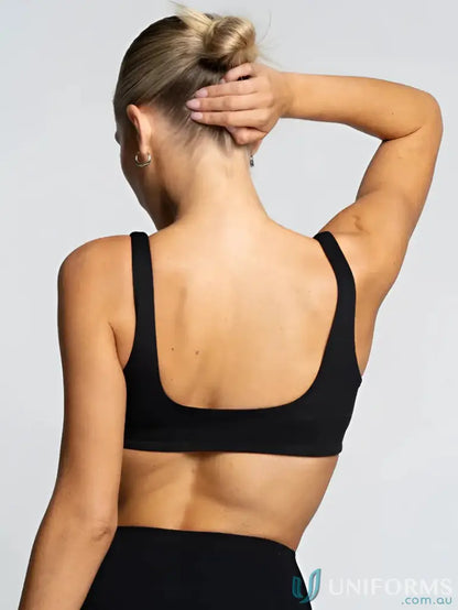 Black sports bra with square neck design from the Square Neck Onyx Crop collection