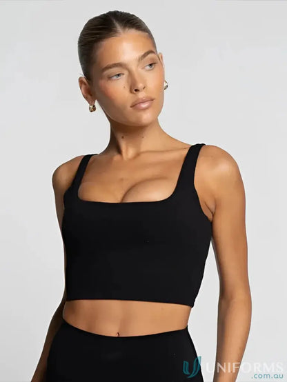 Black square neck tank top with shelf bra and stylish square neckline