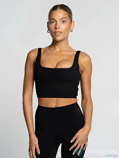 Black square neck tank top with shelf bra and stylish square neckline for a chic look