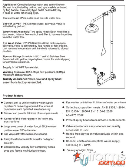 Combination eye wash and safety shower specs for SST Wall Mounted Shower System with stainless steel face wash