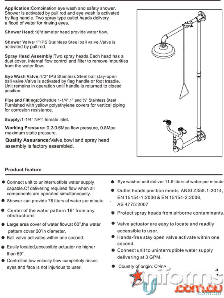 Combination eye wash and safety shower specs for SST Wall Mounted Shower System with stainless steel face wash