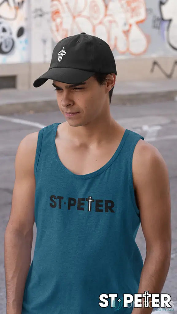 Man in a St Peter Cricket Cap with cotton twill fabric and curved peak style