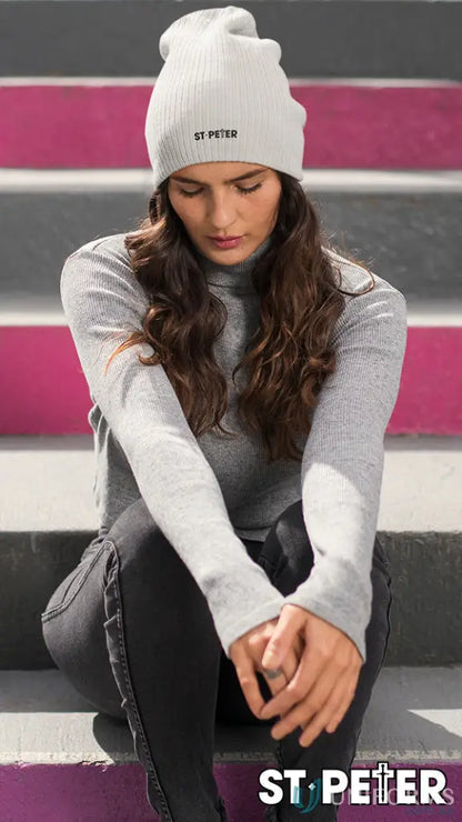 St Peter Gray Beanie with cable row knit, stylish gray knit beanie for winter