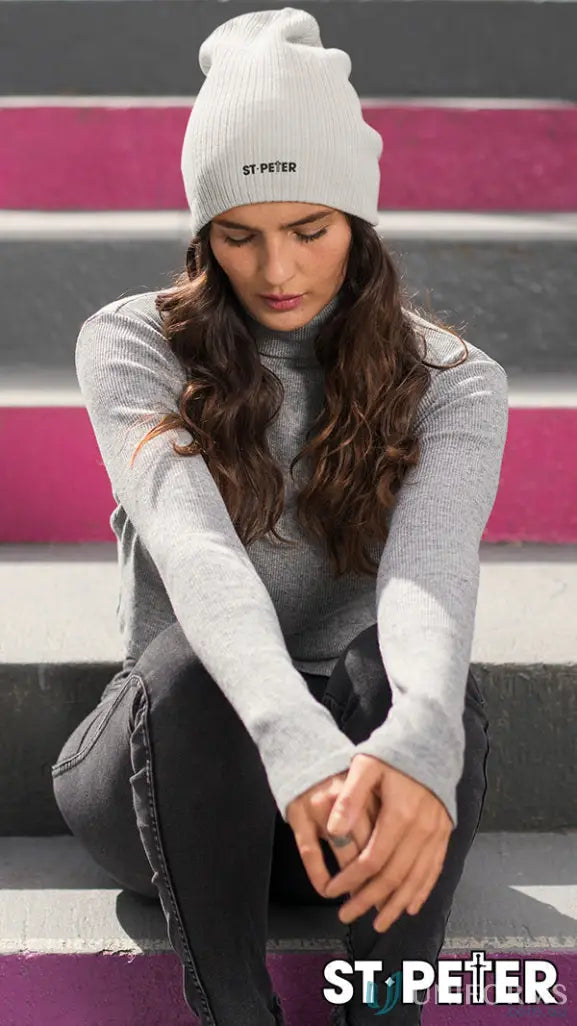 St Peter Gray Beanie with cable row knit, stylish gray knit beanie for winter