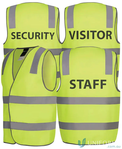 Four fluorescent yellow safety vests with reflective strips, perfect as printed staff vests
