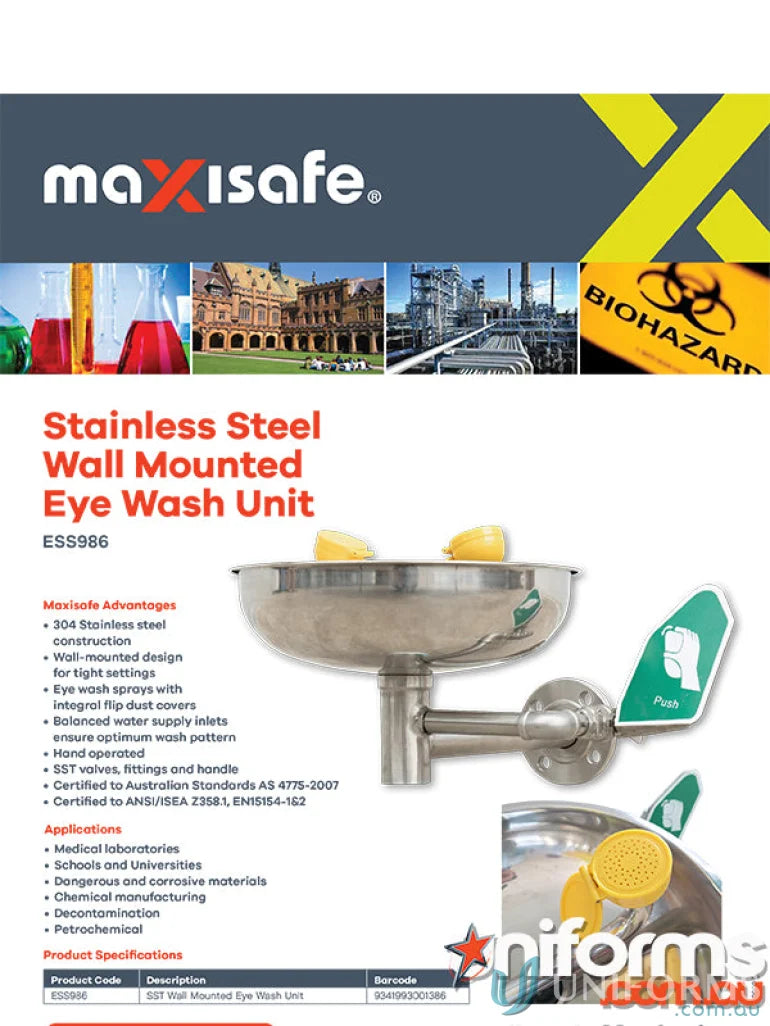 Stainless steel wall mounted eye wash unit perfect for uniforms and safety check