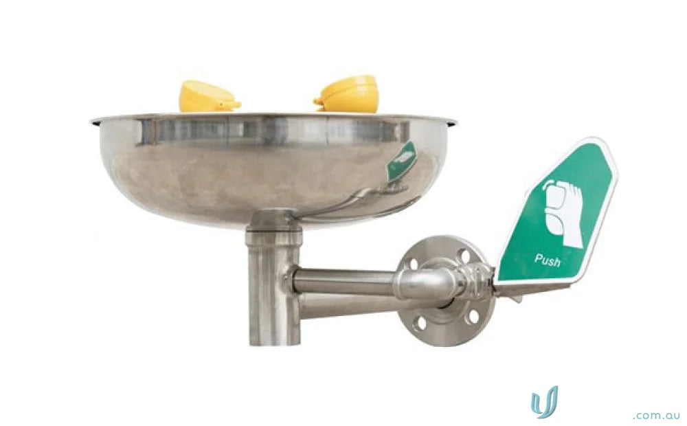 Stainless steel eye wash station for safety and uniforms at work or industrial sites