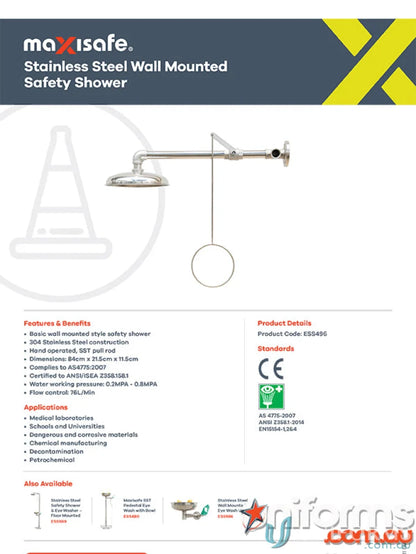 Stainless steel wall mounted safety shower for easy access and durability