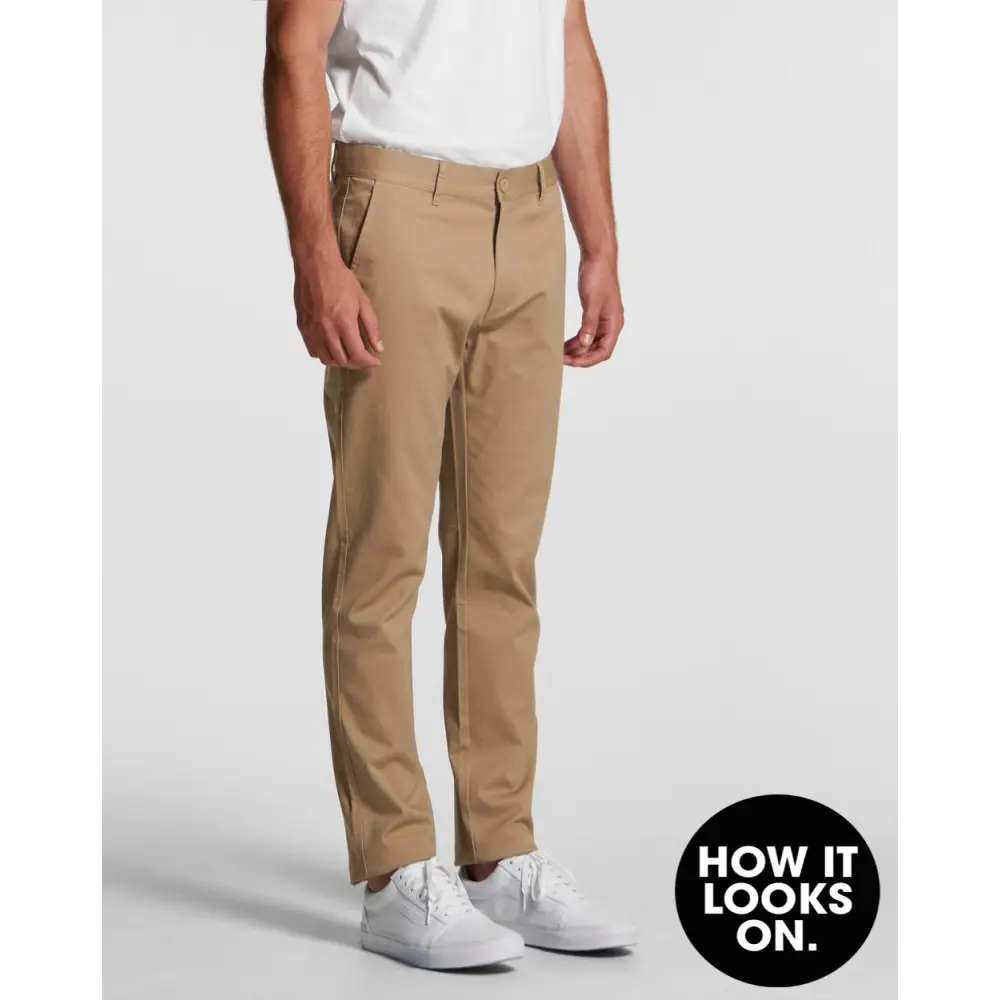Khaki Standard Slim Pants with straight fit, white sneakers, YKK zip fly, jet pockets