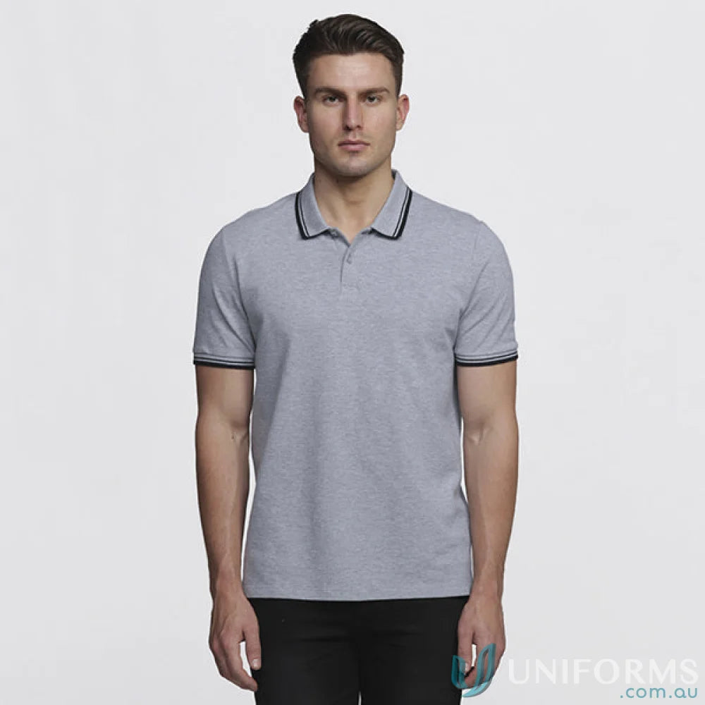 Gray Stanton Polo shirt with black tipped flat knit collar in cotton pique fabric