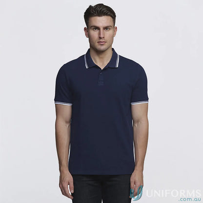 Navy Stanton Polo shirt with white tipped flat knit cotton pique fabric for a classic look