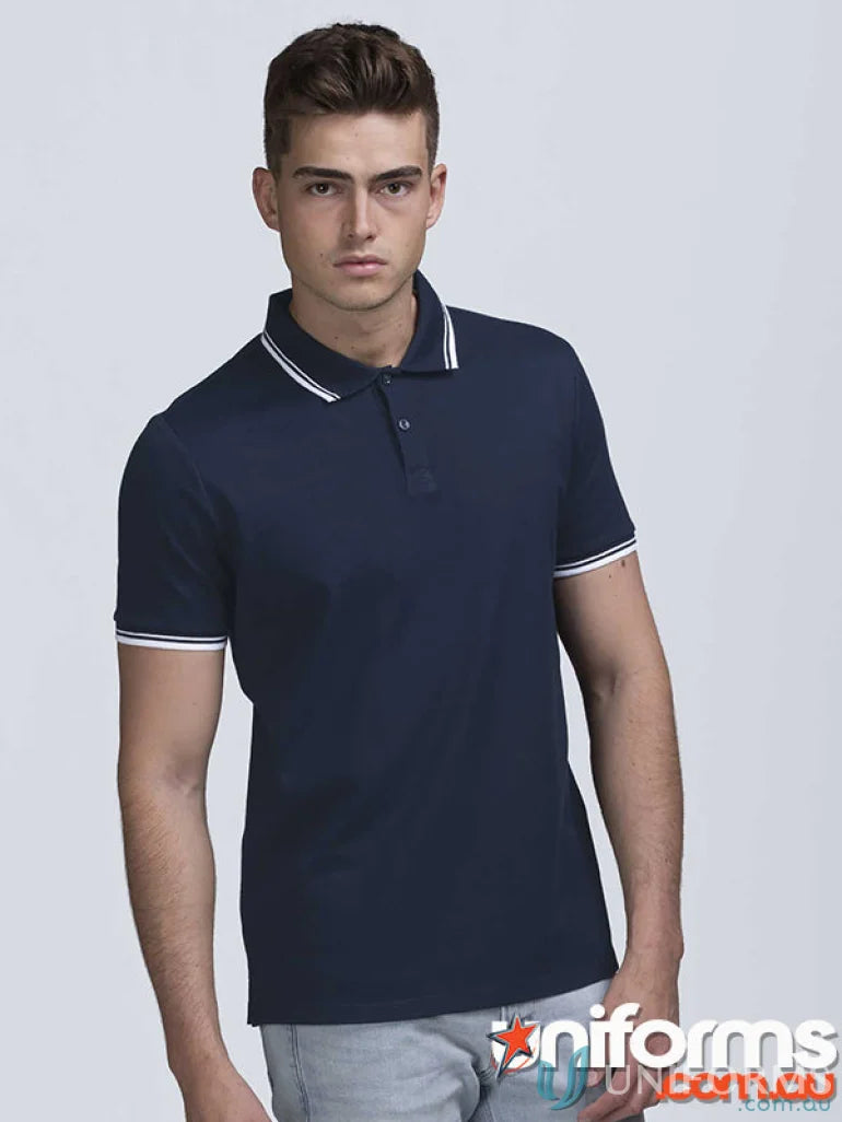 Navy Stanton Polo shirt with white tipped flat knit cotton pique fabric style