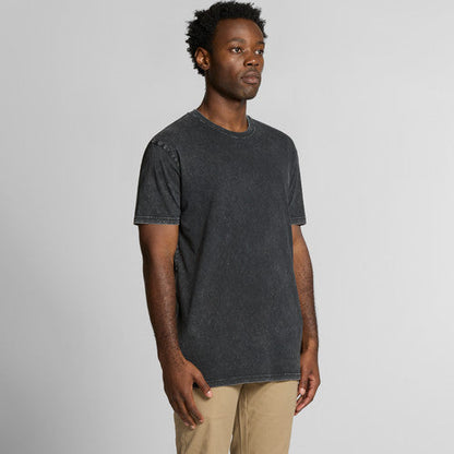 Charcoal gray crew neck t-shirt with distressed details and a popular brand logo on the chest.