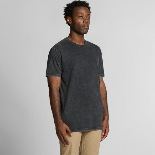 Charcoal gray crew neck t-shirt with distressed details and a popular brand logo on the chest.
