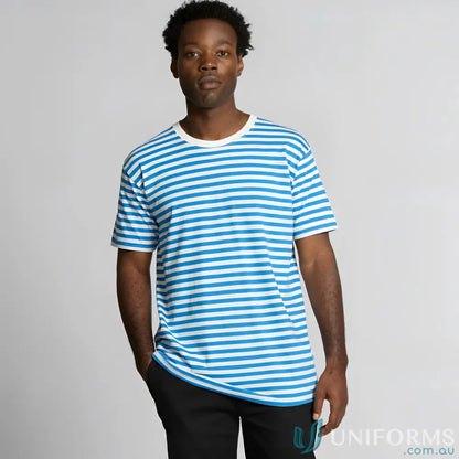 Man wearing Staple Stripe Tee in blue and white stripe short-sleeve t-shirt