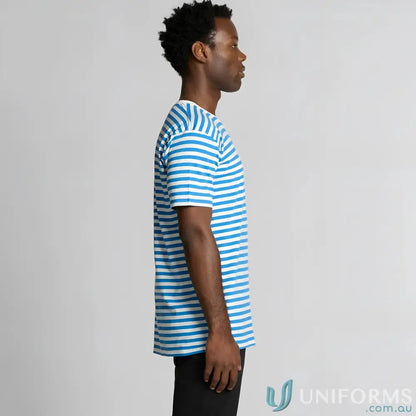 Men’s staple stripe tee with blue and white short sleeves for a casual look