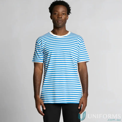 Men’s Staple Stripe Tee with blue and white horizontal stripes and white crew neck