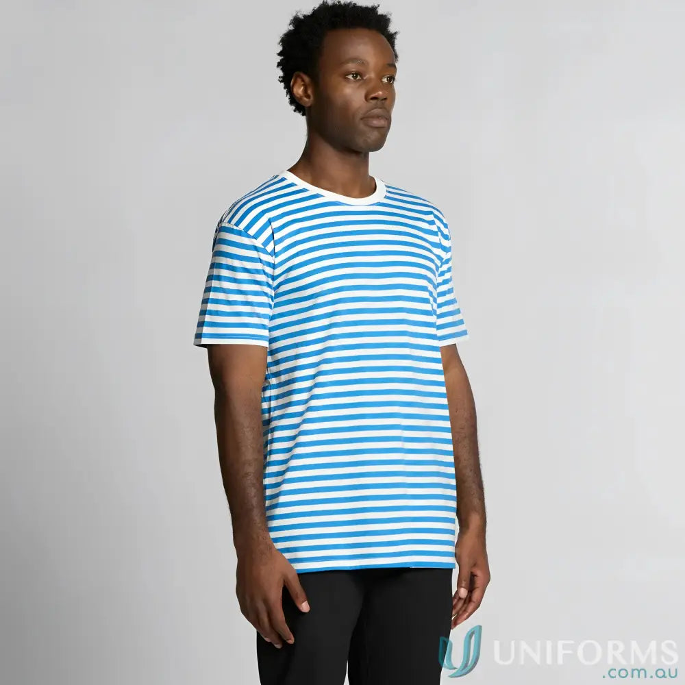 Staple Stripe Tee with short sleeves and blue and white horizontal stripes