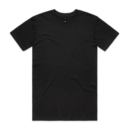 Black crew neck t-shirt with short sleeves and a small button at the neckline.