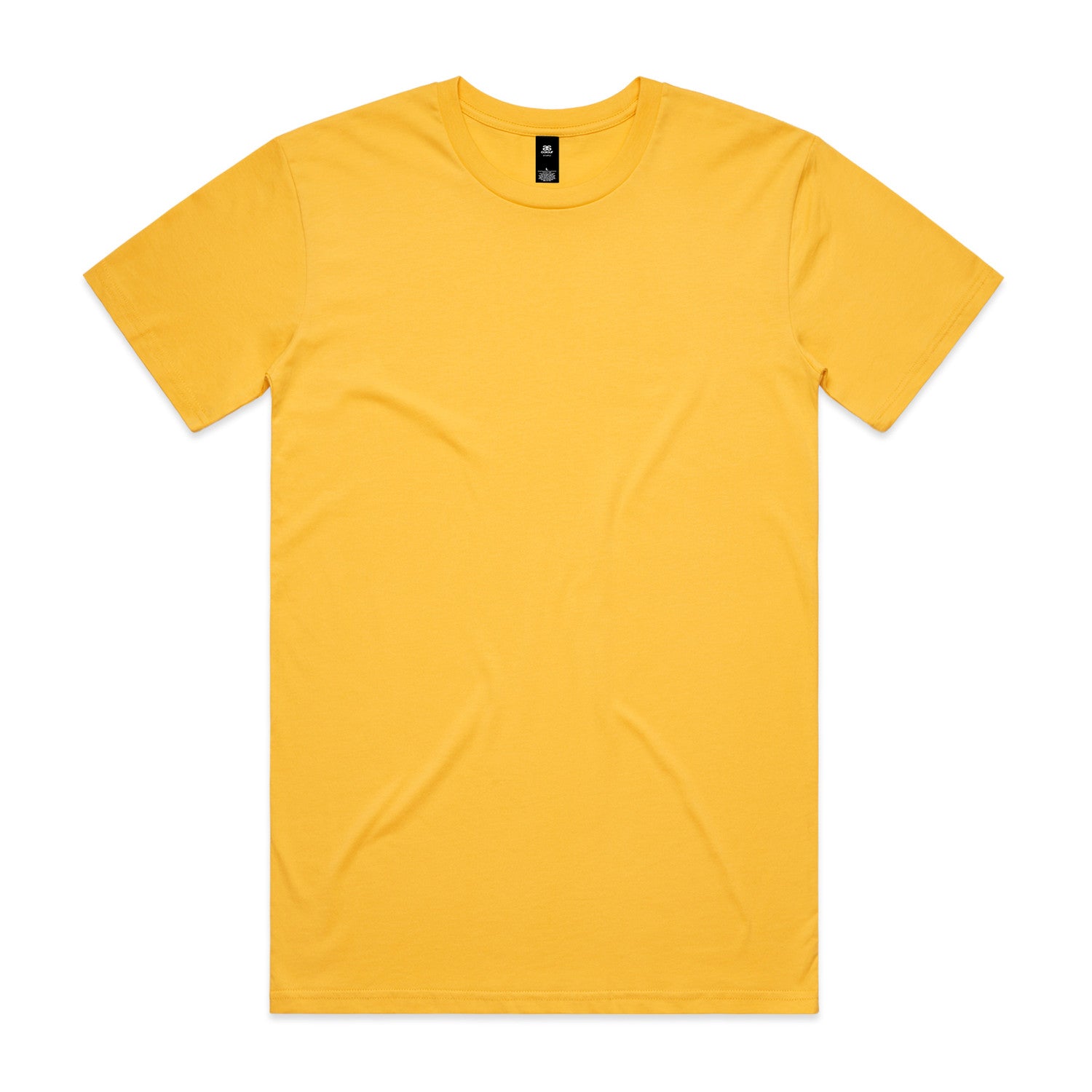 Mustard yellow crew neck t-shirt with short sleeves and a small logo on the chest.