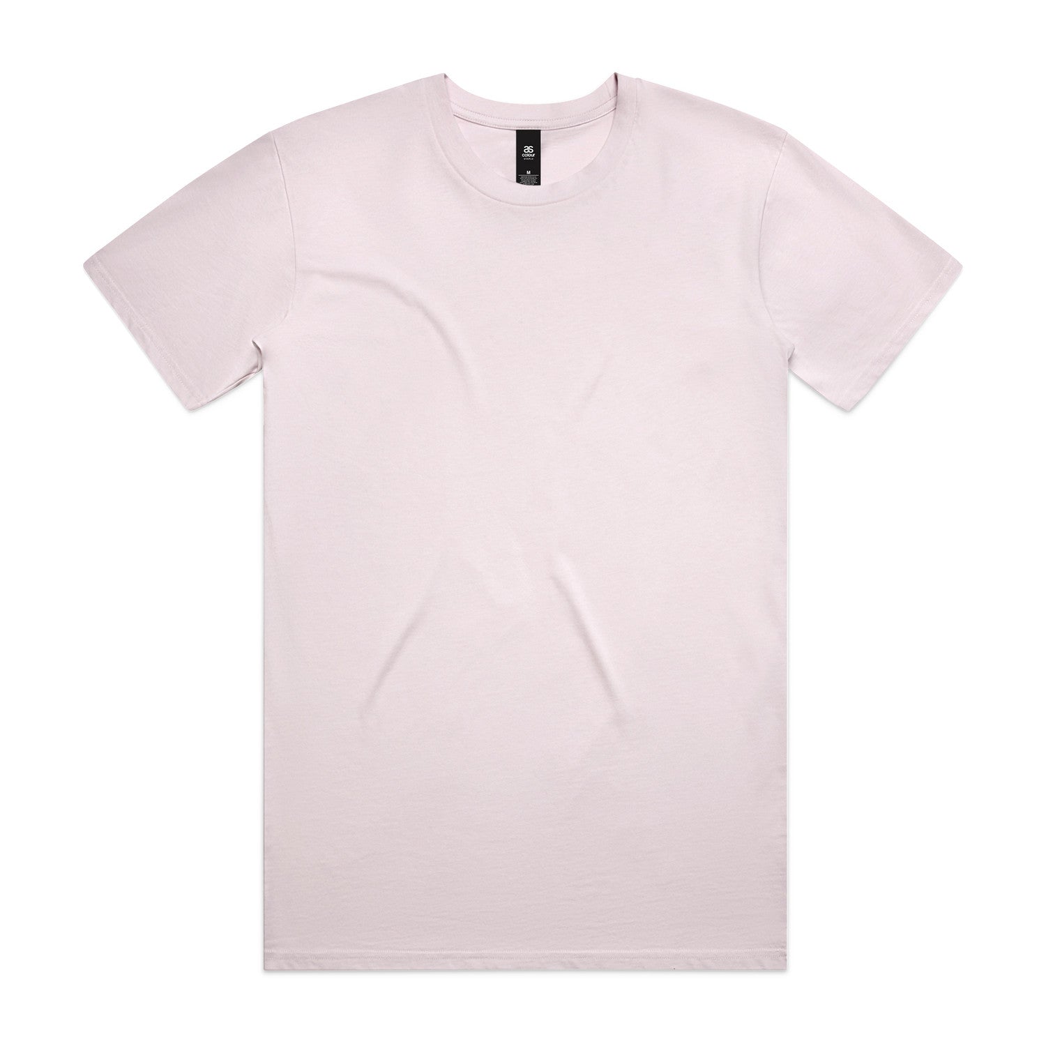 Pale pink crew neck t-shirt with short sleeves and a small logo on the left chest.