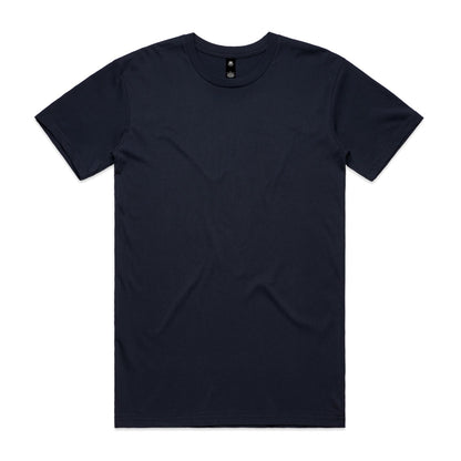 Navy blue crew neck t-shirt with short sleeves and a small button at the neckline.