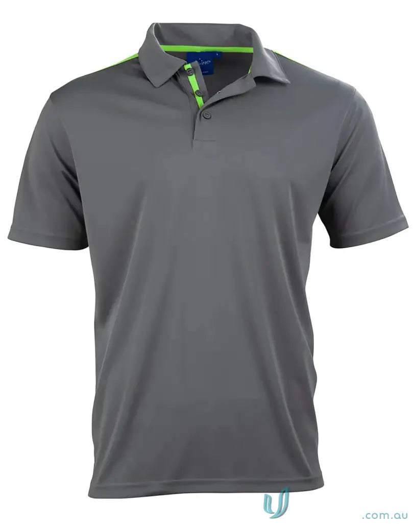 Gray polo shirt with green trim from PS83 Staten Polo, Rapid Cool Contrast design