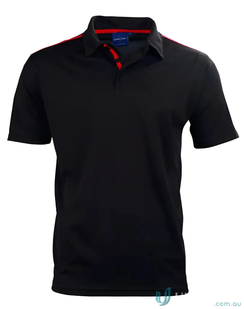 Black Staten Rapid Cool Contrast Polo with red trim, perfect PS83 Staten Polo shirt