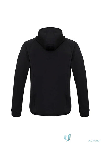 Black hooded sweatshirt from Stealth Hoodie collection with thumb loops for men