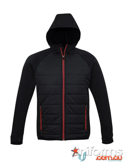 Black hooded puffer jacket from Stealth Hoodie collection mens stealth jacket with thumb loops